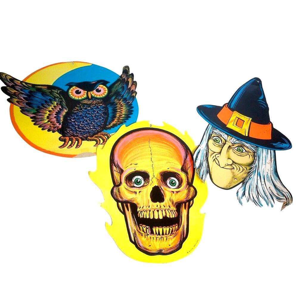 Vintage Beistle Halloween Cutouts Die Cut Witch Skull Owl Collectible Set Of 3